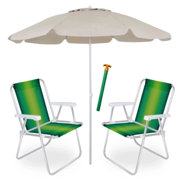 Kit 2 Cadeiras de Praia em Alumnio Alta Coloridas Mor + Guarda Sol 2 Metros Bege + Saca Areia
