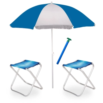 Kit Guarda Sol 1,80m Azul e Branco + 2 Banquetas em Alumnio Dobraveis + Saca Areia Colorido