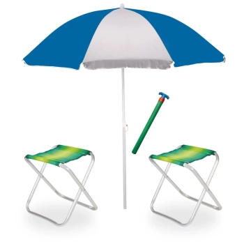 Kit Guarda Sol 1,80m Azul e Branco + 2 Banquetas em Alumnio Dobraveis + Saca Areia Colorido