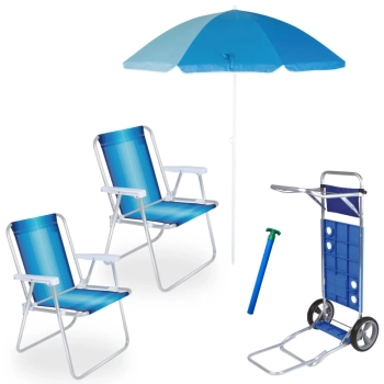 Kit 2 Cadeiras de Praia Alumnio + Carrinho com Avano + Guarda Sol 1,50m + Saca Areia Colorido
