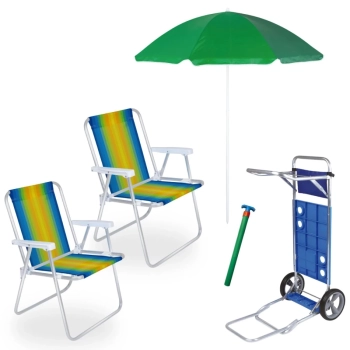 Kit 2 Cadeiras de Praia Alumnio + Carrinho com Avano + Guarda Sol 1,50m + Saca Areia Colorido