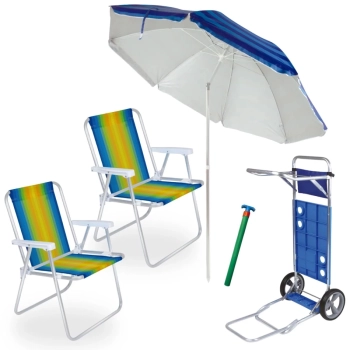 Kit 2 Cadeiras de Praia Aluminio + Guarda-sol 2 M Articulado + Carrinho com Avano + Saca Areia