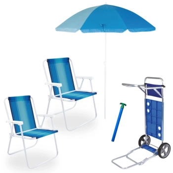 Kit 2 Cadeiras de Praia em Ao + Carrinho com Avano + Guarda Sol 1,50m + Saca Areia