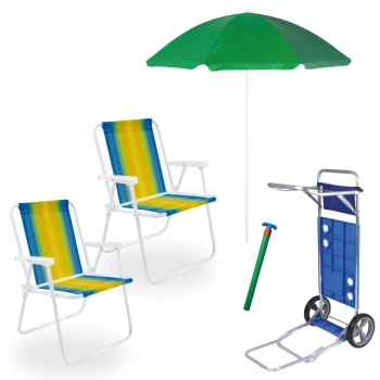 Kit 2 Cadeiras de Praia em Ao + Carrinho com Avano + Guarda Sol 1,50m + Saca Areia
