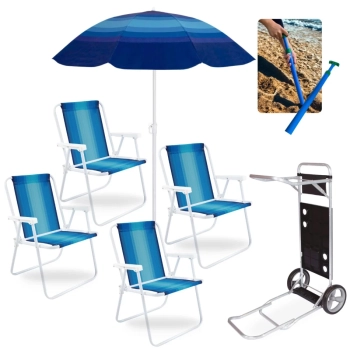 Kit 4 Cadeiras de Praia em Ao + Carrinho com Avano + Guarda Sol Fashion 1,50 M + Saca Areia Parque