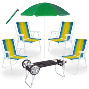 Kit 4 Cadeiras de Praia em Ao + Carrinho com Avano + Guarda Sol 1,50 M + Saca Areia
