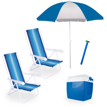 Kit 2 Cadeiras de Praia 4 Posi em Ao + Guarda-sol 1,50 M + Caixa Trmica 26 L + Saca Areia