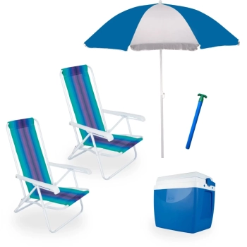 Kit 2 Cadeiras de Praia 4 Posi em Ao + Guarda-sol 1,50 M + Caixa Trmica 26 L + Saca Areia