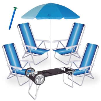 Kit 4 Cadeiras de Praia 4 Posi Aluminio + Carrinho com Avano + Guarda Sol 1,50 M + Saca Areia