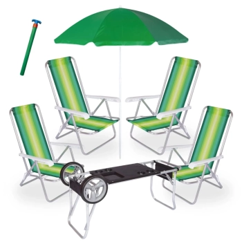 Kit 4 Cadeiras de Praia 4 Posi Aluminio + Carrinho com Avano + Guarda Sol 1,50 M + Saca Areia