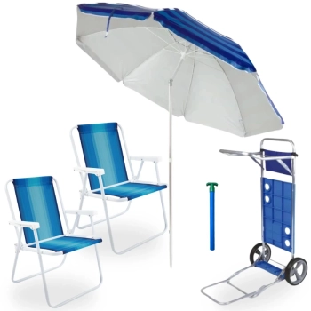 Kit 2 Cadeiras de Praia em Ao + Carrinho com Avano + Guarda Sol Azul Articulado 2,40 M + Saca Areia