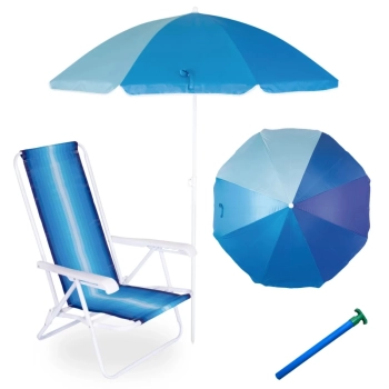 Kit Cadeira de Praia 4 Posies em Ao + Guarda-sol 1,50 M + Saca Areia