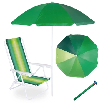 Kit Cadeira de Praia 4 Posies em Ao + Guarda-sol 1,50 M + Saca Areia