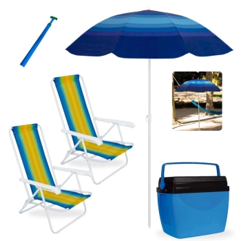 Kit 2 Cadeiras de Praia 4 Posi em Ao + Caixa Trmica 26 L Piscina + Guarda Sol 1,50 M + Saca Areia