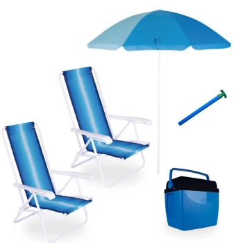 Kit 2 Cadeiras de Praia 4 Posi em Ao + Caixa Termica 26 L + Guarda Sol 1,50 M + Saca Areia