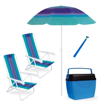 Kit 2 Cadeiras de Praia 4 Posi em Ao + Caixa Trmica 26 L Piscina + Guarda Sol 1,50 M + Saca Areia
