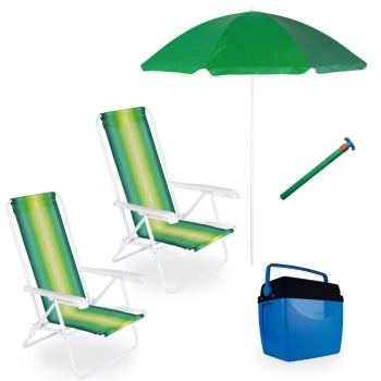 Kit 2 Cadeiras de Praia 4 Posi em Ao + Caixa Termica 26 L + Guarda Sol 1,50 M + Saca Areia
