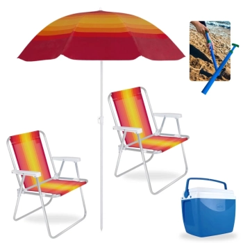 Kit 2 Cadeiras de Praia Alta Alumnio + Guarda Sol Fps 70 1,50 M + Caixa Trmica 18 L + Saca Areia