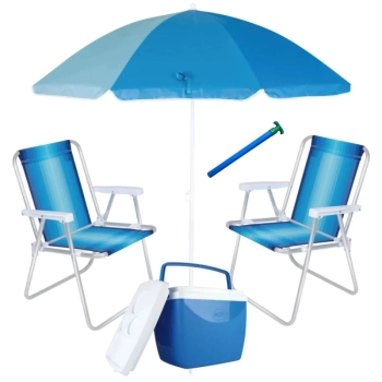 Kit 2 Cadeiras de Praia em Alumnio + Guarda Sol 1,50 M + Caixa Trmica 18 L + Saca Areia