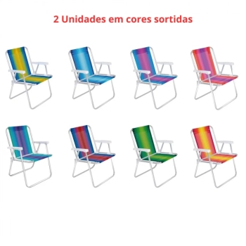 Kit 2 Cadeiras de Praia Alta Alumnio + Guarda Sol Fps 70 1,50 M + Caixa Trmica 18 L + Saca Areia