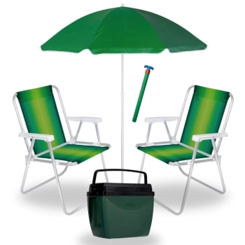 Kit 2 Cadeiras de Praia em Alumnio + Guarda Sol 1,50 M + Saca Areia + Caixa Trmica 18 Lts