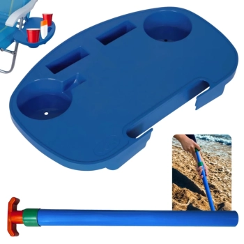 Kit Mesa Porttil para Cadeira de Praia com Porta Copos Azul + Saca Areia Colorido