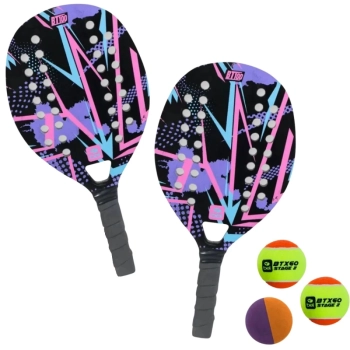 Kit 2 Raquetes para Beach Tennis de Praia em Madeira Lilas + Bolinha Borracha + 2 Bolinhas Beach Tennis