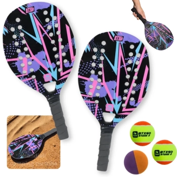 Kit 2 Raquetes para Beach Tennis de Praia em Madeira Lilas + Bolinha Borracha + 2 Bolinhas Beach Tennis