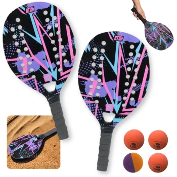 Kit 2 Raquetes para Beach Tennis de Praia em Madeira Lilas + 4 Bolinhas de Borracha