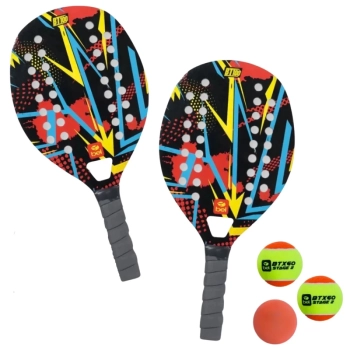 Kit 2 Raquetes para Beach Tennis de Praia em Madeira Red + Bolinha Borracha + 2 Bolinhas Beach Tennis