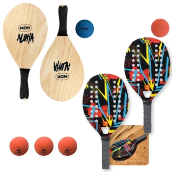 Kit 2 Raquetes para Beach Tennis Red + Jogo Frescobol em Madeira Aloha + 5 Bolinhas