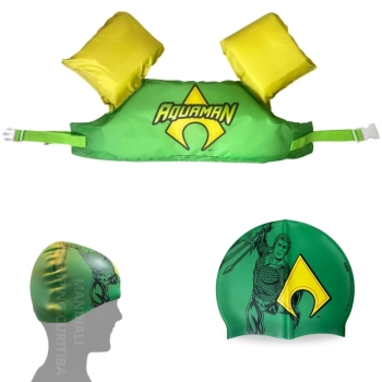 Kit Colete Infantil + Touca de Natao Personagem Aquaman Liga da Justia para Praia