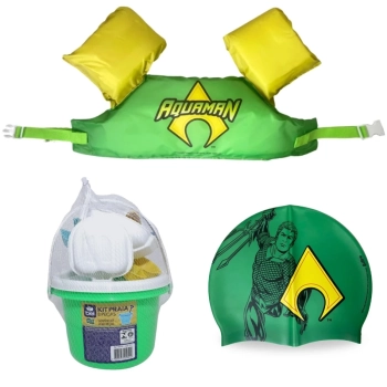 Kit Colete Infantil + Touca de Natao Personagem Aquaman + Baldinho para Praia