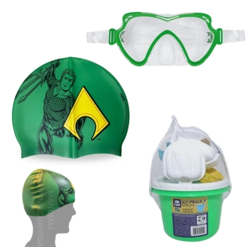 Kit Touca Infantil + Oculos de Natao com Proteo Nasal Personagem Aquaman + Baldinho para Praia Colorido