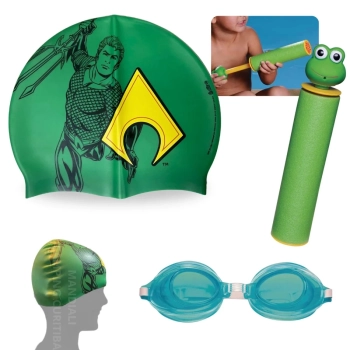 Kit Touca Infantil Personagem Aquaman + Oculos de Natao + Lana gua Colorido