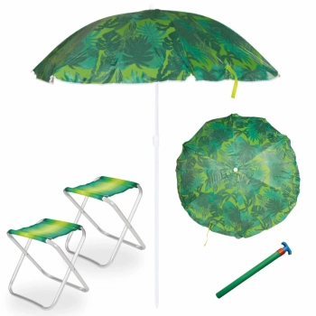 Kit Guarda Sol Colorido 1,30m + 2 Banqueta em Alumnio Dobrvel + Saca Areia