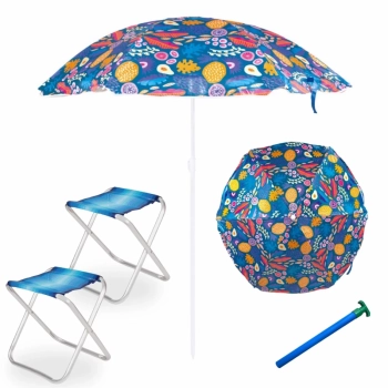 Kit Guarda Sol Colorido 1,30m + 2 Banqueta em Alumnio Dobrvel + Saca Areia