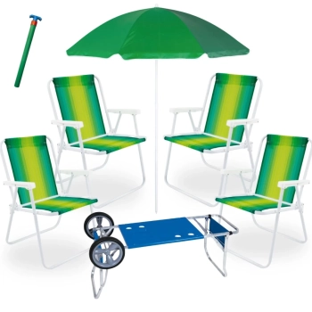 Kit 4 Cadeiras de Praia em Ao + Carrinho com Avano Azul + Guarda Sol 1,50 M + Saca Areia
