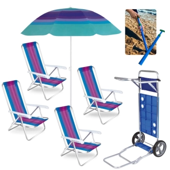 Kit 4 Cadeiras Praia Alumnio + Carrinho com Avano + Guarda Sol 1,50 M + Saca Areia Parque Piscina