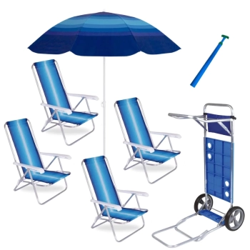 Kit 4 Cadeiras Praia Alumnio + Carrinho com Avano + Guarda Sol 1,50 M + Saca Areia Parque Piscina