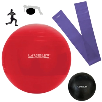 Kit Bola 45 Cm Suia Vermelha + Overball 25 Cm Preta + Faixa Elstica Mdia Pilates Treino
