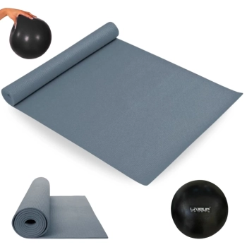 Kit Colchonete em Eva Cinza 1,73 M + Mini Bola Overball 25 Cm Preta para Pilates e Ginstica