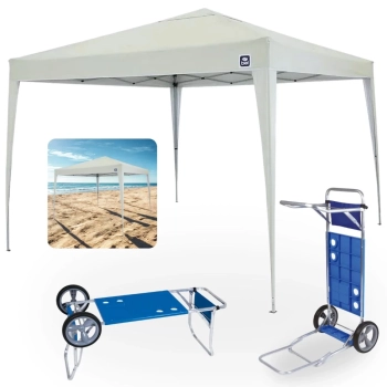 Kit Tenda Articulada Sanfonada Bege 3x3m Gazebo Dobravel + Carrinho com Avano para Praia Azul