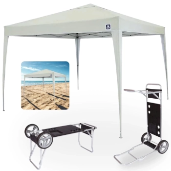 Kit Tenda Articulada Sanfonada Bege 3x3m Gazebo Dobravel + Carrinho com Avano para Praia Preto