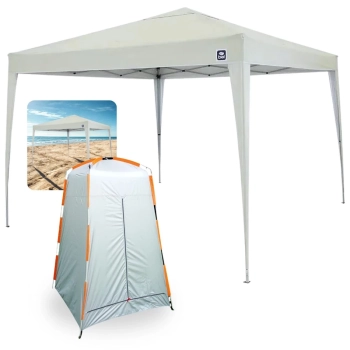 Kit Tenda Articulada Sanfonada Bege 3x3m Gazebo Dobravel + Barraca Banheiro Portatil Pampa Nautika