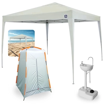Kit Tenda Articulada Sanfonada Bege 3x3m + Barraca Trocador Portatil + Lavatorio Pia Portatil