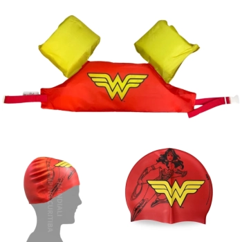 Kit Colete Infantil + Touca de Natao Personagem Mulher Maravilha Liga da Justia para Praia