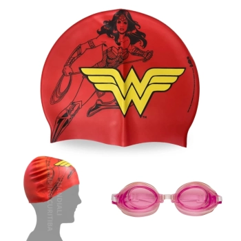 Kit Touca Infantil + Oculos de Natao Rosa Personagem Mulher Maravilha Liga da Justia para Praia