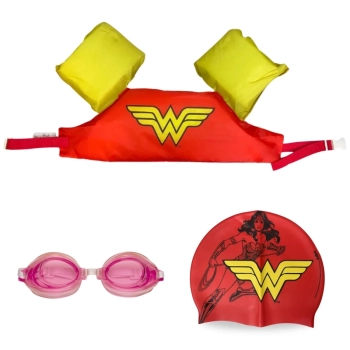Kit Colete Infantil + Touca e culos de Natao Rosa Personagem Mulher Maravilha Liga da Justia Praia