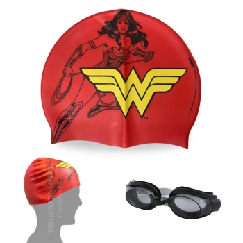 Kit Touca Infantil + Oculos de Natao Preto Personagem Mulher Maravilha Liga da Justia para Praia